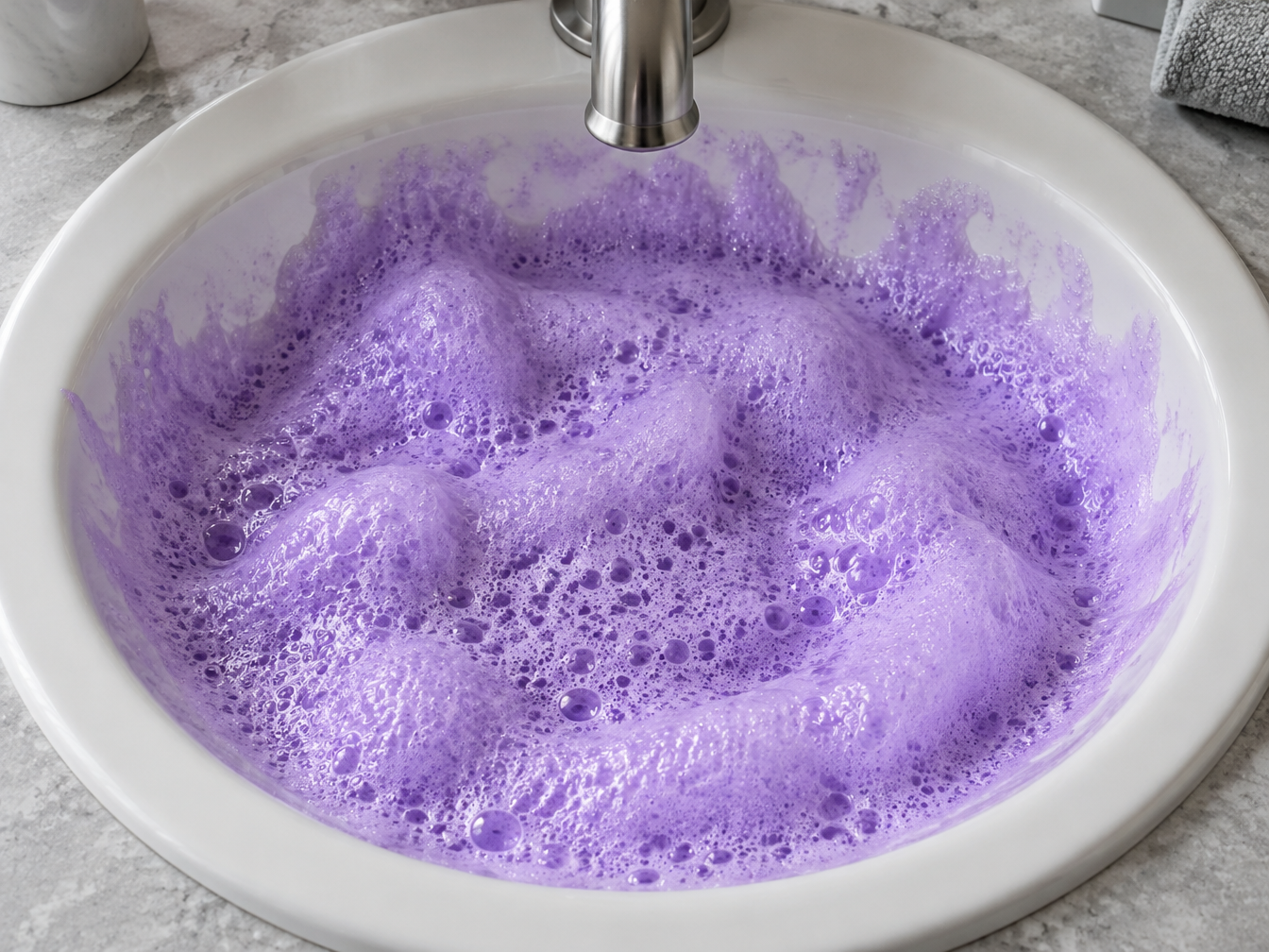 Purple foam covering the drain of a white bathroom sink